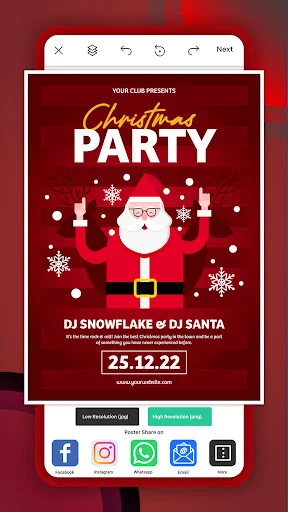 Christmas Party flyer template with red background, Santa illustration, snowflakes, DJ info, and social media sharing icons