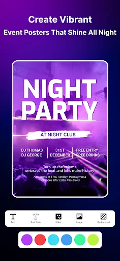 Night Party poster editor with text formatting, color palette, and design tools for event flyers