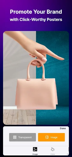 Product poster designer: image replacement, transparent backgrounds, and brand customization tools