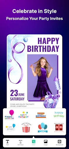Birthday invitation creator: customizable template, design stickers, fonts, and color options