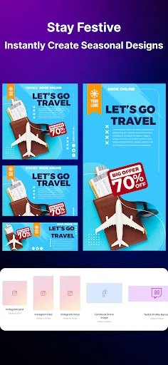 Travel poster template grid with seasonal design variations and color palette customization
