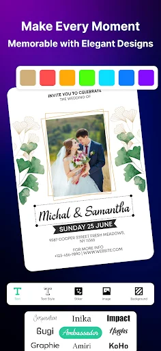 Wedding invitation template: photo placement, color palette, and font selection tools for design