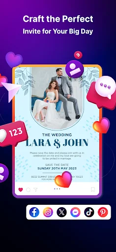 Wedding invitation template with decorative frame and social media sharing buttons for distribution