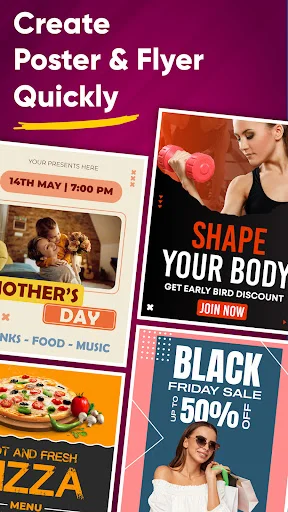 Poster maker showcase with multiple flyer templates for Mother's Day, fitness, pizza menu, and fashion sale promotional designs
