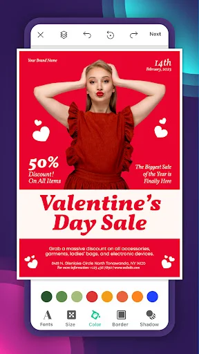 Valentine's Day Sale flyer with 50% discount, woman photo, red background, editing tools, and color customization palette