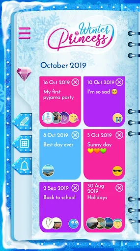 Winter Princess Diary October 2019 calendar view showing colorful diary entries with stickers and emojis