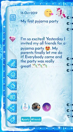 Diary entry page for pyjama party with text, emoticons, and hashtags on frozen themed background