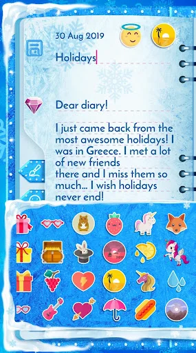 Holidays diary entry with sticker collection panel displaying hearts, gifts, and emoji options