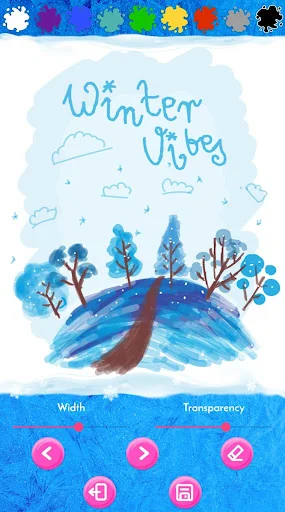 Winter Vibes drawing canvas with painted winter trees, color palette, and artistic tools