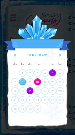 October 2019 monthly calendar view with highlighted diary entry dates in Winter Princess app