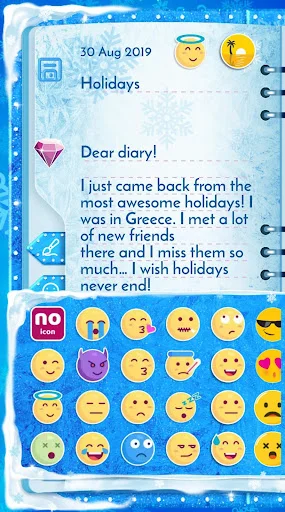 Diary entry interface showing emoticon selector panel with variety of smiley face expressions