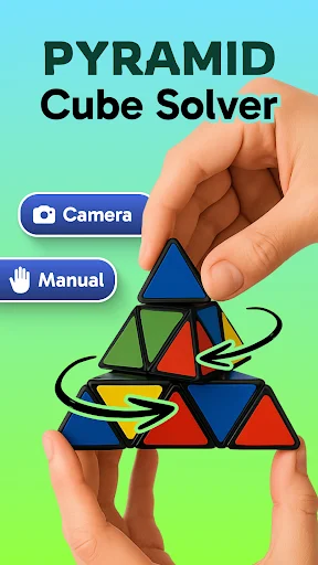 Pyramid Cube Solver app intro: hands holding colorful pyramid puzzle with Camera and Manual solving mode buttons
