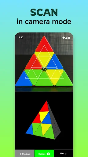 SCAN pyramid cube puzzle in camera mode using phone camera to photograph and analyze the puzzle configuration