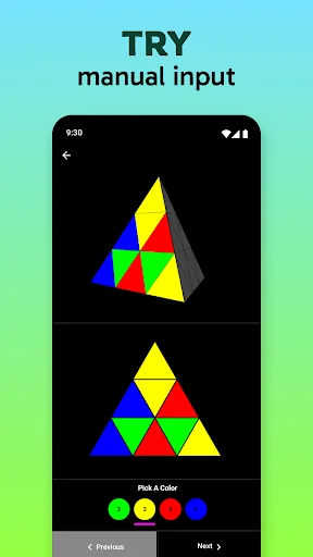 Manual input mode for pyramid cube puzzle with multiple puzzle states and interactive color picker tool