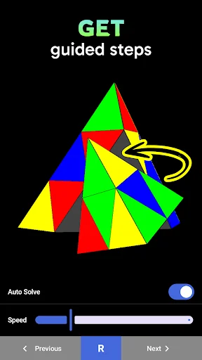 Pyramid cube puzzle solver showing guided step-by-step solution with auto-solve toggle and speed control