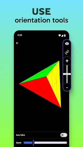 Pyramid cube puzzle with 3D orientation and rotation control tools for adjusting puzzle view on mobile