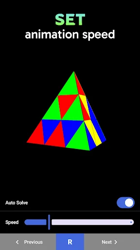 Pyramid cube solver with animation speed slider and auto-solve toggle for customizing solution playback