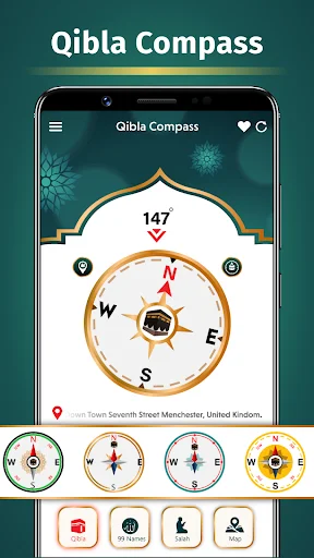 Qibla Compass screen showing 147-degree direction to Mecca with Kaaba icon and multiple compass style options