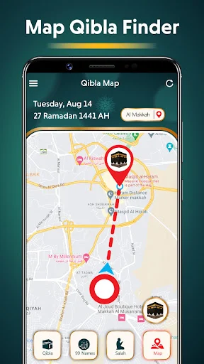 Qibla Map view showing geographic direction from user location to Kaaba in Makkah with navigation route marker