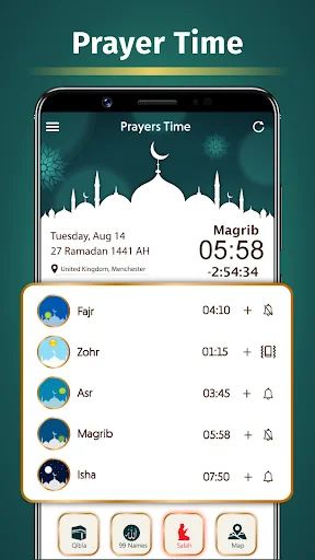 Prayer Time schedule displaying five daily Islamic prayers Fajr, Zohr, Asr, Magrib, Isha with times and alarm notifications