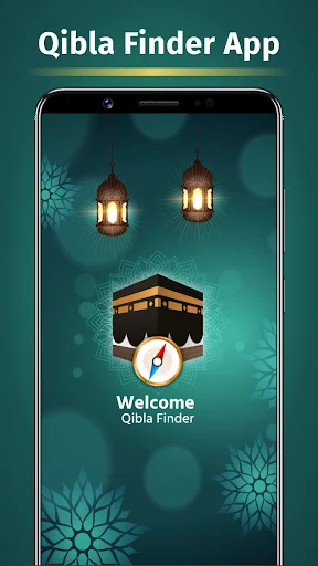 Qibla Finder app welcome screen featuring Kaaba in Mecca with decorative Islamic lanterns on teal background