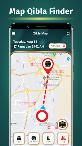 Map Qibla Finder displaying location-based direction from current position to Makkah with red dotted route line