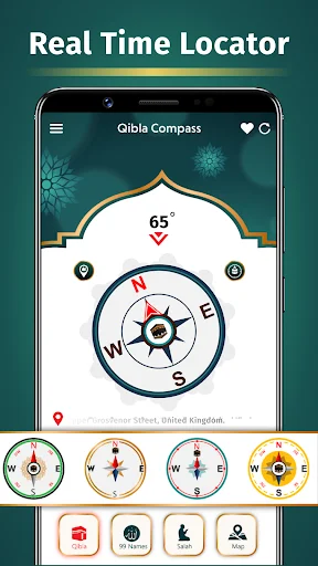 Real Time Locator compass showing 65-degree Qibla direction with location tracking and multiple compass styles
