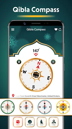 Qibla Compass interface with 147-degree direction indicator, cardinal directions, and customizable compass designs