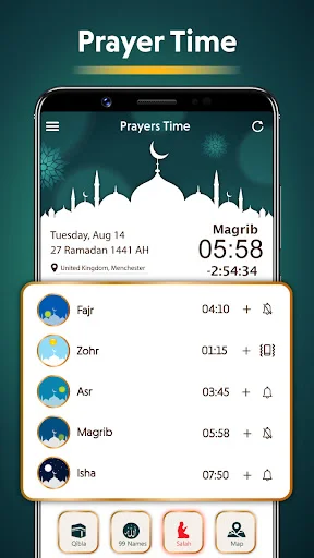 Islamic Prayer Times screen for Ramadan showing Fajr, Zohr, Asr, Magrib, Isha schedules with notification settings