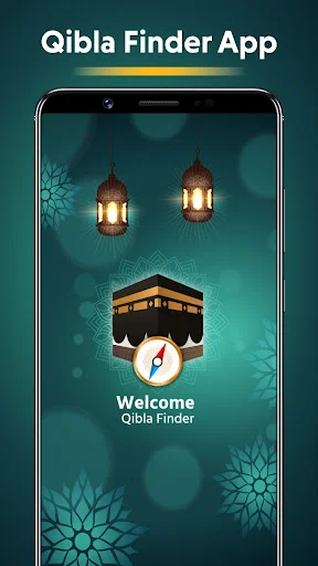 Qibla Finder welcome page with Kaaba image, traditional lanterns, and app navigation on decorative Islamic background