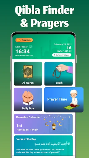 Qibla Finder home screen showing next prayer time 16:34, premium features, and cards for Quran, Tasbih, Dua, Prayer Times