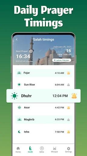 Daily prayer timings screen displaying Salah times for Fajar, Sun Rise, Dhuhr, Asar, Maghrib, and Isha with specific prayer hours