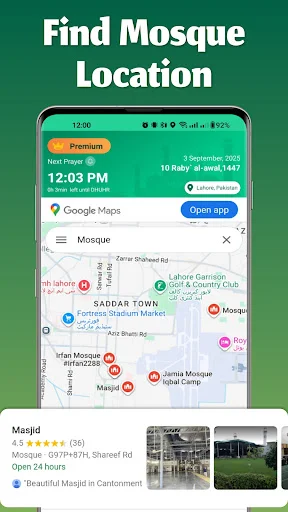 Find mosque location screen with Google Maps integration showing nearby mosque locations, ratings, addresses, and navigation option
