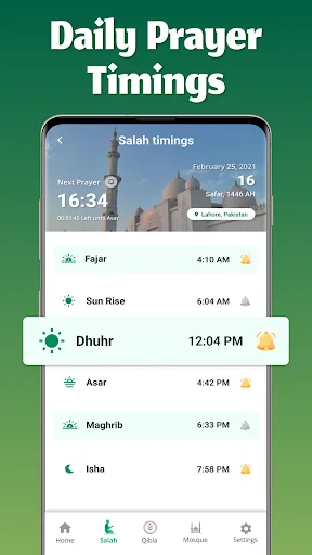 Prayer times schedule showing Fajar 4:10 AM, Dhuhr 12:04 PM, Asar, Maghrib, Isha daily salah timings with icons