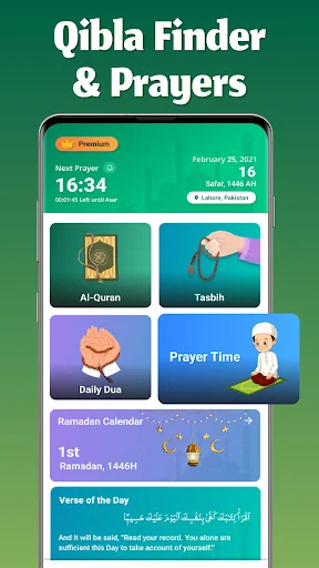 Qibla Finder home screen showing next prayer at 16:34, with quick-access tiles for Quran, Tasbih, Daily Dua, Prayer Times, and Ramadan Calendar