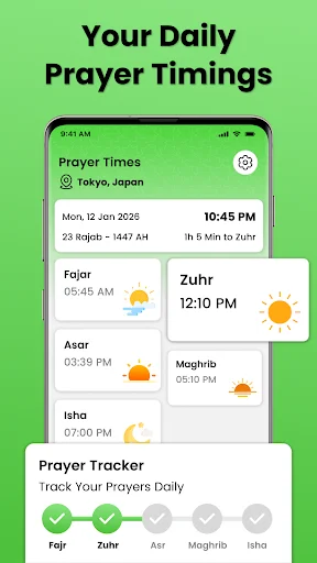 Prayer times app displaying daily Salah timings for Fajr, Zuhr, Asar, Maghrib, and Isha in Tokyo with prayer tracker
