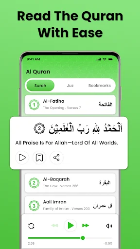 Quran app showing Al-Fatiha surah with Arabic Quranic text, English translation, audio playback, and bookmark features