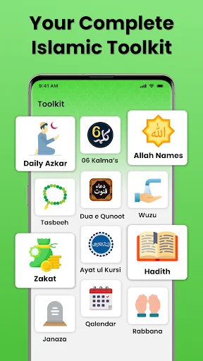 Islamic toolkit app menu featuring Daily Azkar, Quran, 99 Kalma's, Tasbeeh, Wudu guide, Hadith, Zakat calculator, and prayer tools