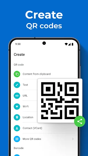 Create QR codes screen showing options for Text, URL, WiFi, Location, Contact VCard with QR preview and share