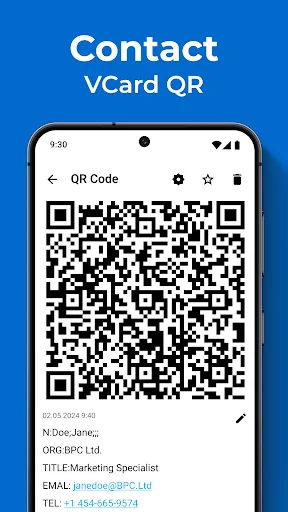 Contact VCard QR code generator showing business card details with name, email, phone number