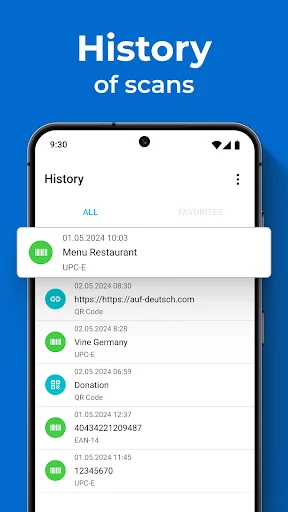 History of scans list showing previous QR and barcode scans with timestamps and scan types