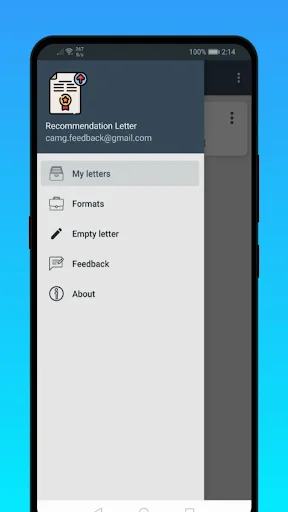 Recommendation Letter app navigation menu with My letters, Formats, Empty letter, Feedback, and About