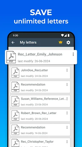 My letters screen displaying saved recommendation letters as PDF files with modification dates