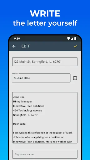 Write recommendation letter from scratch with editable fields for address, date, and letter body