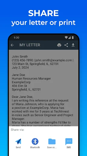 Share or print recommendation letter with options for Send, Bluetooth, Save, and SMS