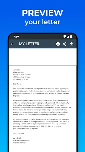 Preview completed recommendation letter in professional format before sharing or printing