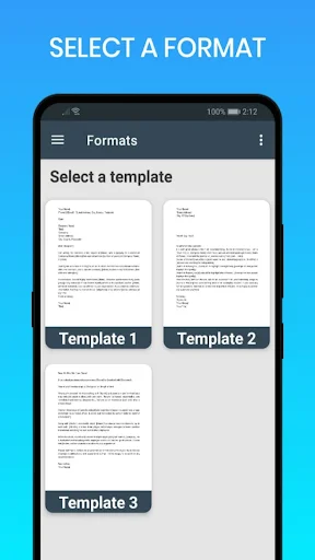Select a format screen showing three template layout options for recommendation letters