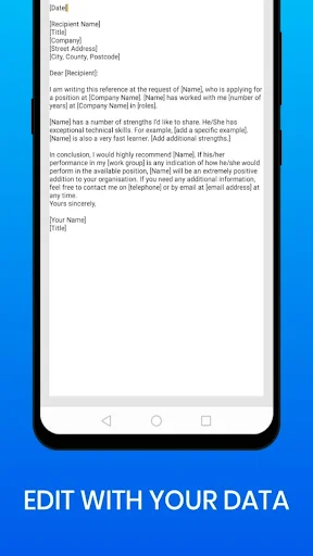 Edit letter template with placeholder text fields for recipient name, address, and message content