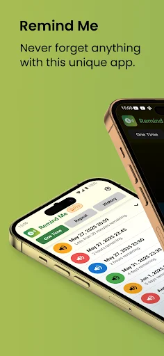 Remind Me app home screen with voice reminder list, color-coded contacts, times, and reminder call interface