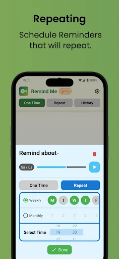 Repeating reminder settings with weekly schedule options and time selection controls